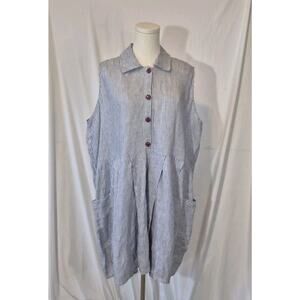 FLAX by Jeanne Engelhart Blue White Striped 100% Linen Shirt Dress Large